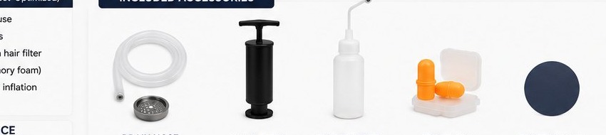 CROWNSWELL accessories — drain hose, filter, hand pump, rinse bottle, earplugs, repair patch, storage bag