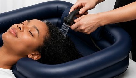 Woman with locs receiving a wash treatment in the CROWNSWELL basin